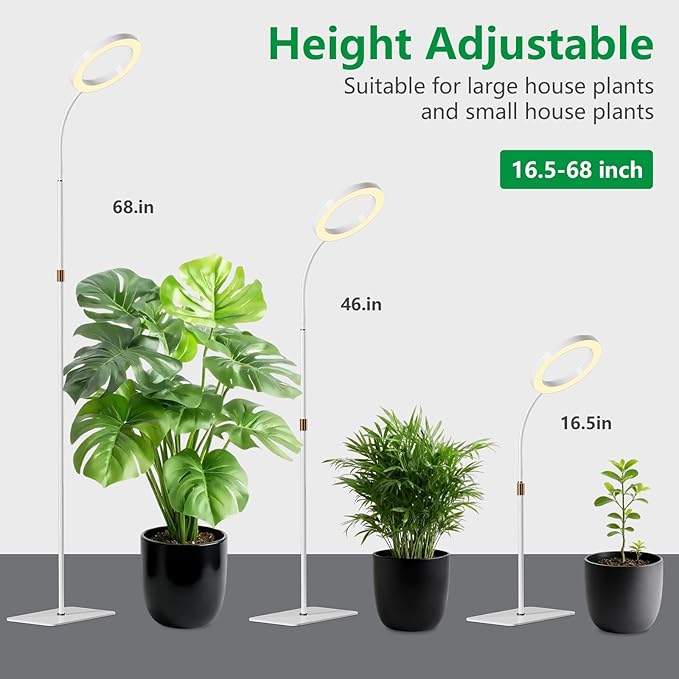 SDOVUERC Full Spectrum Grow Light with Stand for Indoor Plants, Floor Plant Light, 6/12/18H Timer, 3 Color Modes, Adjustable Height 16.5–68in, for Large Plants & Home Décor(Tri-Head,White)