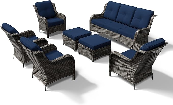 Joyside 7 Piece Wicker Patio Furniture Set, Rattan Patio Chairs with High Back, Deep Seating, Wide Armrest, Thickened Cushions, Outdoor Furniture for Deck, Porch Use