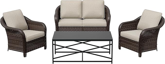4 Pieces Outdoor Conversation Furniture Set, 55" Patio Couch，47" Metal Coffee Table, 2 Chairs, Rattan Wicker Sofa with Removable Cushions for Bistro, Deck (Beige)
