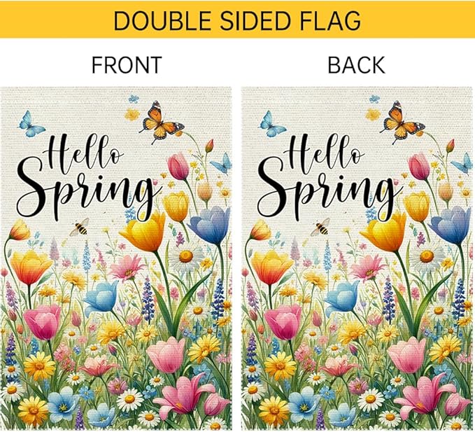 Hello Spring Summer Tulip Garden Flag 12x18 Inch Double Sided Bee Flowers Butterfly Colorful Floral Small Burlap Yard House Seasonal Farmhouse Outside Spring Decor Flags