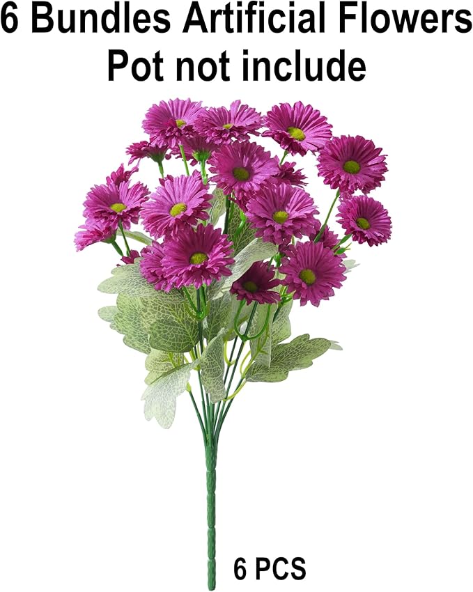HyeFlora Artificial Flowers for Outdoors Spring Summer Outside Decor, 6 Bundles Fake Daisy Wild Silk Flowers UV Resistant Outdoor Faux Plants for Planter Front Door Porch Balcony Yard, Fuchsia