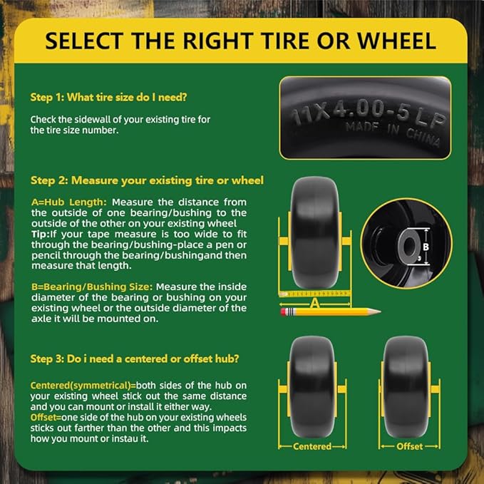 11x4.00-5 Lawn Mower Tires Flat Free (2 Pack),Universal 11x4-5 Solid Smooth Tractor Turf Tire with Rim, 3.4" Centered Hub and 3/4" & 5/8" Bushing, For Zero Turn Mowers and Riding Lawn Mower