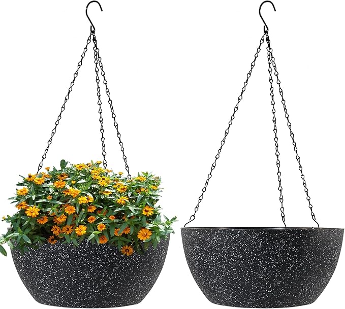 WSMKSZ 13 inch Large Hanging Planters Plant Pots for Outdoor Indoor Plants with Drainage Holes and Chain, 2 Pack Round Hanging Flower Pots for Garden Home Porch Decor, Speckled Black