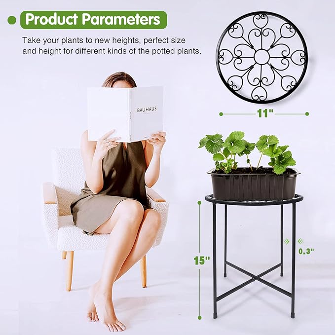 KABB Metal Plant Stand, 15'' Tall Flower Pot Set, Modern Rustproof 10-inch Round Outdoor Iron Art Stand, Black Decorative Stool for Indoor Plants