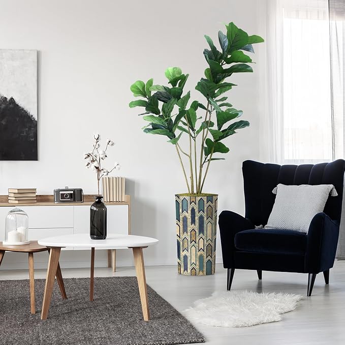 Artificial Tree in Modern Polygon Pattern Effect Planter, Fake Ficus Lyrata Silk Tree for Indoor and Outdoor Home Decoration - 66" Overall Tall (Plant Pot Plus Tree)