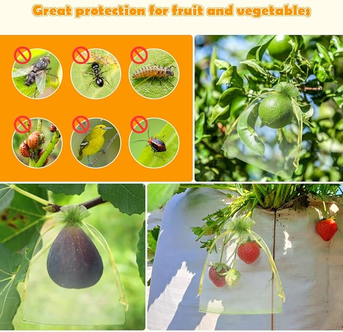 Shintop 100Pcs Fruit Protection Bags, 5x7 Inch Green Strawberry Netting Cover Drawstring Mesh Bags for Blueberry Lemon Little Fruit