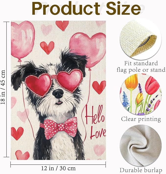 Valentine's Day Border-Coll Hello Love Garden Flag, House Yard Plaid Love Heart Outside Decoration, Spring Holiday Wedding Anniversary Outdoor Small Decor 12x18(12652)
