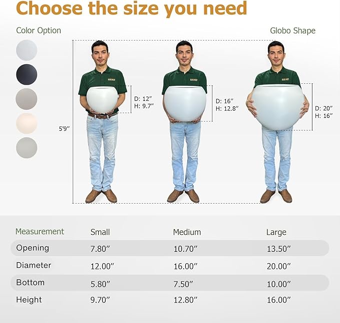 KUTE NEST 9.7" H x 12" D Globo Fiberstone Round Planter with Drainage Hole, Smooth Finishes, Weather Resistant for Indoor and Outdoor Use, Included 2 Extra Coco Mats (White, 7.8" Pot Opening)