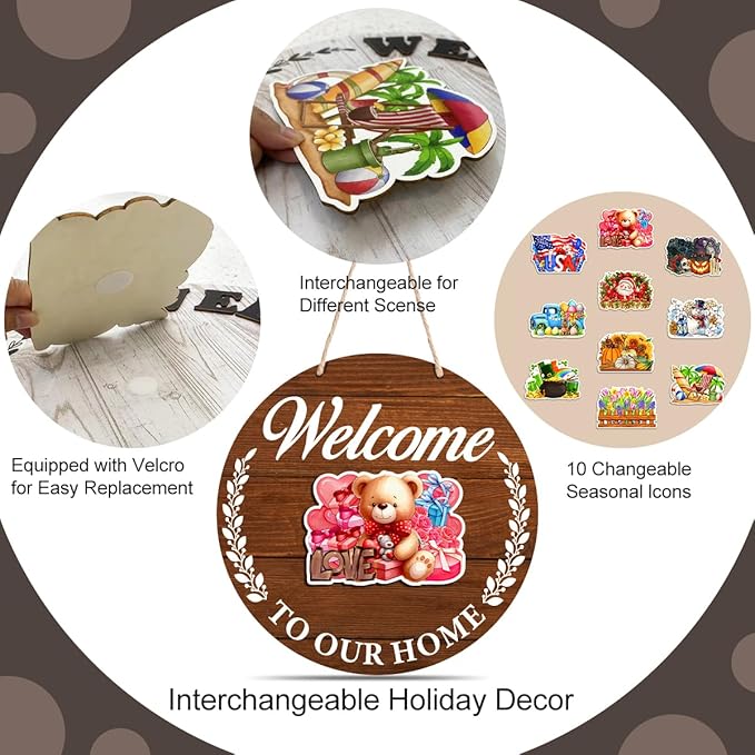 Interchangeable Seasonal Welcome Sign Valentine's Day Door Decoration, Rustic Round Wood Wreath Front Porch Decor, Welcome to Our Home Sign for Spring Summer Fall Winter All Seasons Holiday, Brown