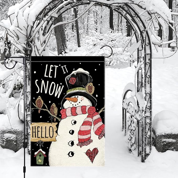 Winter Garden Flag 12x18 Inch Double Sided Burlap Outdoor Seasonal Decoration Cute Snowman with Black Top Hat Red Scarf Let It Snow Welcome Flag for Yard Patio Porch