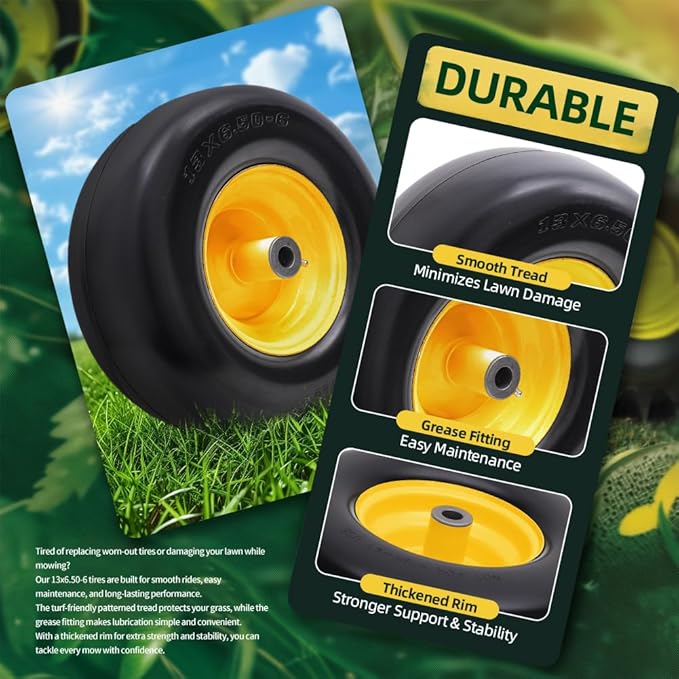 13x6.50-6 Lawn Mower Tires Flat Free with Rim Assemblies (2 Pack),Universal 13x6.5-6 Solid Smooth Rubber Zero-Turn Lawn mowers Tire,5.5"-7.72”Centered Hub and 3/4" extra 5/8" 1/2” Bushings