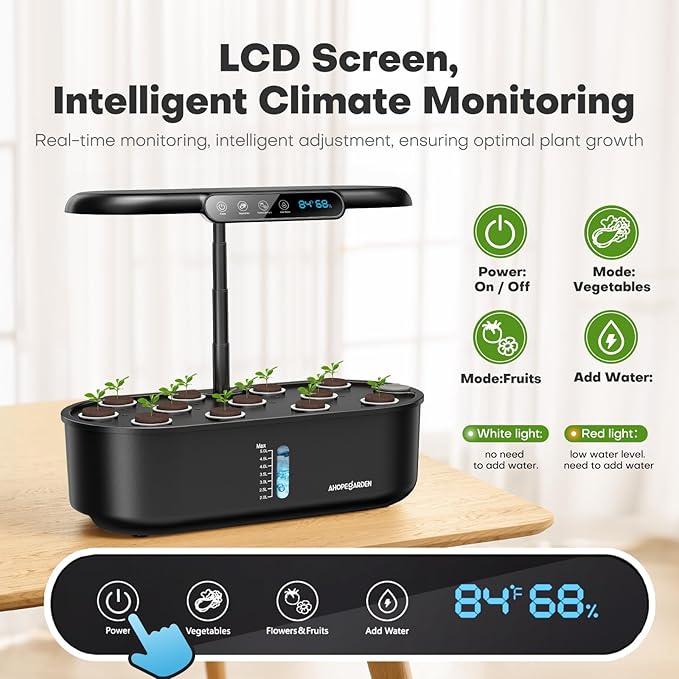 Ahopegarden Hydroponics Growing System kit: 12 Pods Indoor Herb Garden with Smart Environmental Detection - Full Spectrum LED Grow Light for Growing Vegetables，Herbs and Lettuce - Home Gardening