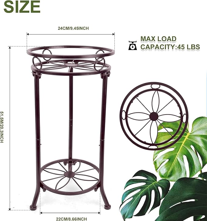 THKFUL 20.3" Christmas Gift Metal Plant Stand 2 Pack - Heavy Duty Rustproof Double-Layer Round Potted Plant Stands Modern Flower Pot Stand for Indoor Outdoor Home Patio Garden Balcony (Brown)