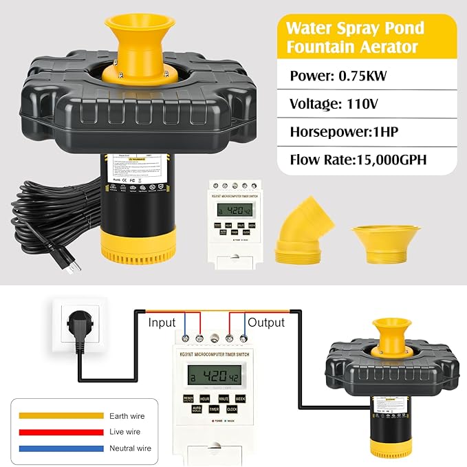 Pond Fountain Aerator Burnvale BU-F4, 1HP 15000 GPH Floating Pond Aerator Fountain with 100FT Power Cord, Timer, 2x100FT Traction Rope for Large Ponds, Lakes, Farm, Ranch, Outdoor Large Fish Pond