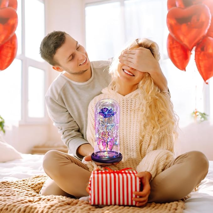 Valentines Day Rose Gifts for Her Women Birthday Gift Galaxy Glass Rose in Glass Dome Forever Eternal Crystal Flowers with Butterfly Valentines Day Gifts for Women Daughter Mom Wife Girlfriend Purple