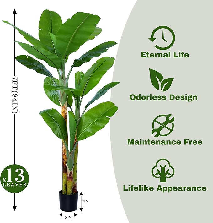 Artificial Banana Tree 7ft(84in) Tall Faux Banana Leaf Plant with 13 Leaves, Fake Realistic Tropical Plants Perfect for Home Garden Yard Patio Living Room Decor Indoor (7feet,1Pack)
