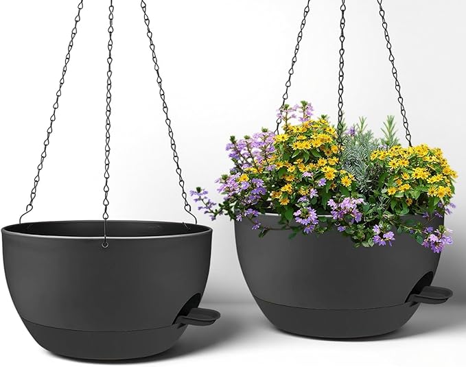 zople 2 Pack 12 Inch Large Hanging Planters with Chains Self Watering Black Plastic Hanging Pots for Indoor Outdoor Plants, Garden Porch Home Decor，Black