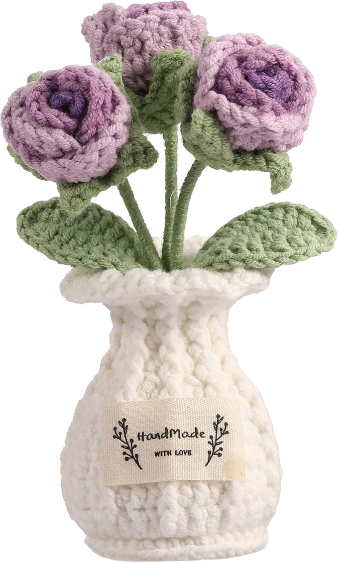 YOOJEE Crochet Rose Flower Potted Plant – Purple, Valentines Day Gift for Her, Handmade Knitted Romantic Desk Decor