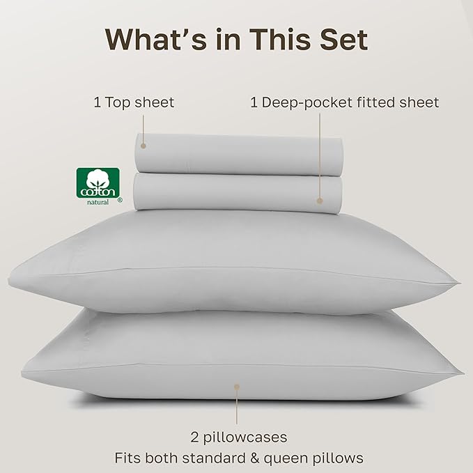California Design Den 100% Egyptian Cotton Sheets Queen Size Set - Certified Authentic Luxury Queen Sheet Set, Soft Sateen, Breathable Bedding for Hot Sleepers - Light Grey