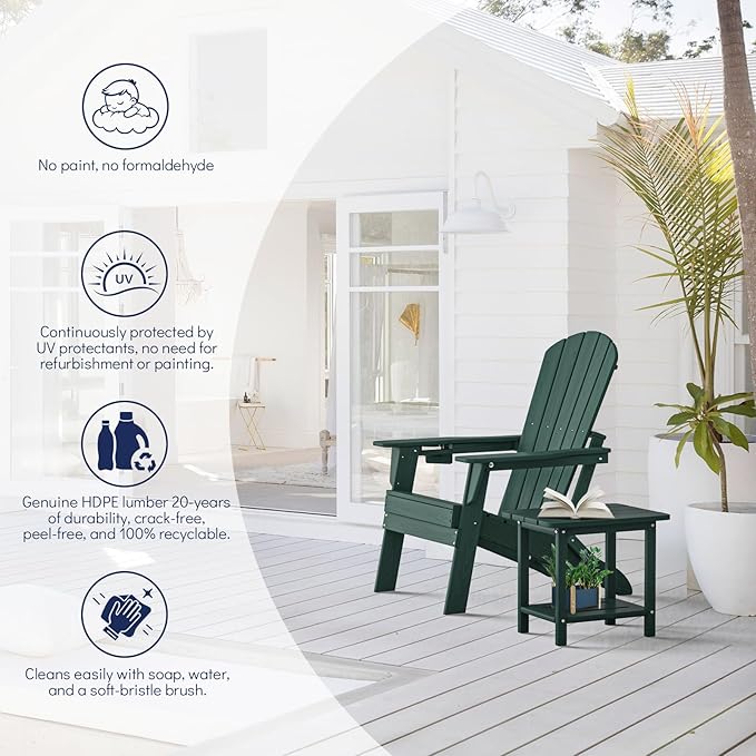 Plawdlik Folding Adirondack Chair Set of 6 with Cup Holder，Wooden Textured ，Heavy All-Weather HDPE Comfortable Set Poolside Backyard Lawn, Green