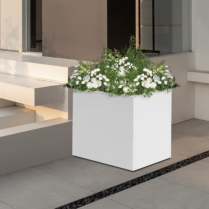 16~32inch Steel Planter Square Outdoor Planters Box Indoor Metal Large Planters Cube, Heavy Duty Flower Pot Modern for Commercial Residential Home Garden Porch Hotel Patio (White, 20×20×20in)