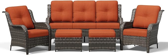 Joyside 5 Piece Wicker Patio Furniture Set, Rattan Patio Chairs with High Back, Deep Seating, Wide Armrest, Thickened Cushions, Outdoor Furniture for Deck, Porch Use