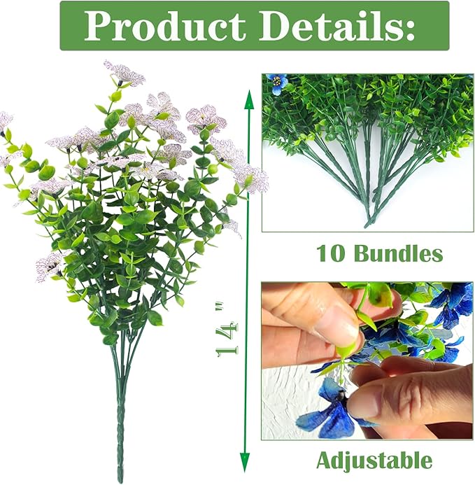 Grunyia 10 Bundles Artificial Flowers Outdoor UV Resistant Fake Flowers No Fade Faux Plants Garden Porch Window Box Decorating (White)