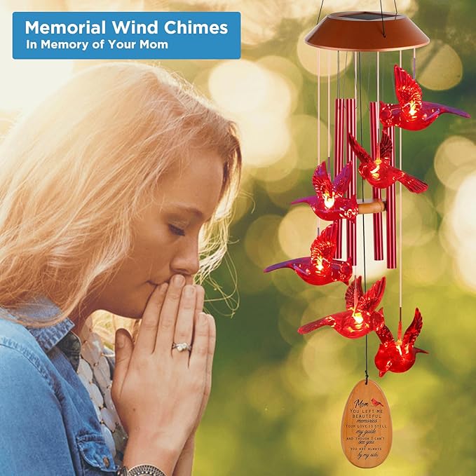 Cardinal Red Bird Solar Wind Chimes - Outdoor Garden Gifts for Mom from Daughter or Son - Mom's Room Decor for Mother's Day, Thanksgiving, Christmas, Birthday