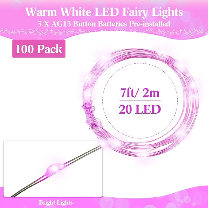 Hortsun 100 Packs Fairy Lights Battery Operated 3 Speed Modes, 7 Ft/ 2 M 20 LED Battery String Mini Waterproof Wire Twinkle Lights Bulk for Wedding Party Birthday Vases Decor (Pink Light)