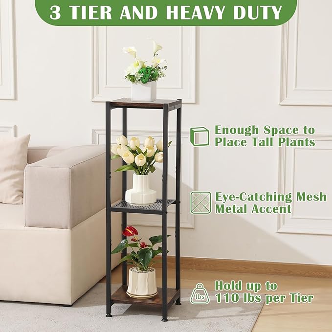 Dipion Extra Tall Plant Stand Indoor,40 Inch Plant Stands,3 Tier Metal Plant Stand with Heavy Duty Wood and Metal Mesh Shelf,Rustic Brown and Black