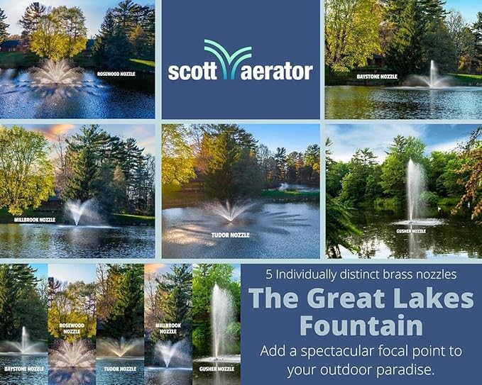 Scott Aerator Great Lakes Large Pond Fountain- 1 HP 230V with 200 ft. Cord | Aerating Fountain for Lakes & Ponds | Maintenance Free Stainless Steel | 5 Pattern | Nozzles Included