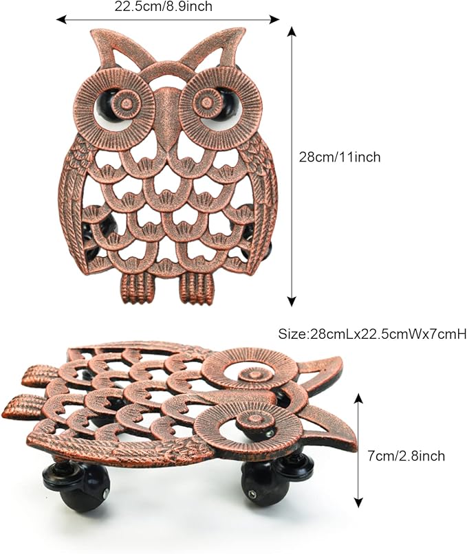 Sungmor Heavy Duty Cast Iron Plant Caddy with Wheels - 2 Pack Vintage Owl Design Plant Stand, Metal Rolling Plant Tray for Indoor & Outdoor Use - 11 Inch, Antique Bronze