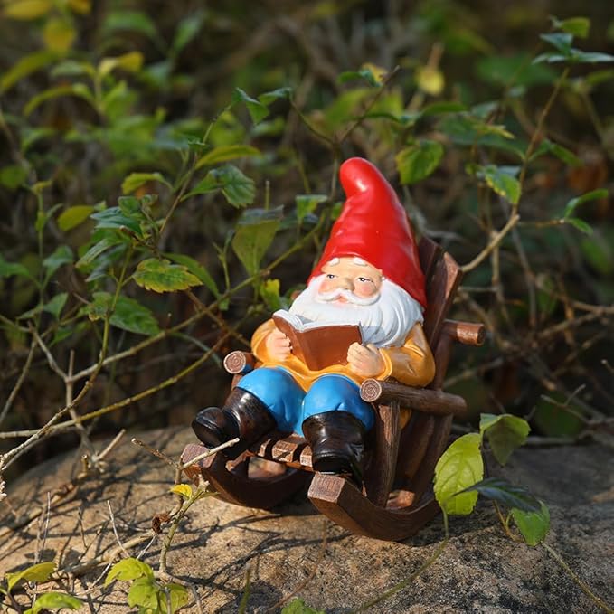 Garden Gnome Reading in Rocking Chair, Resin Decorative Statue, 7.2x6.2x4.3 inches