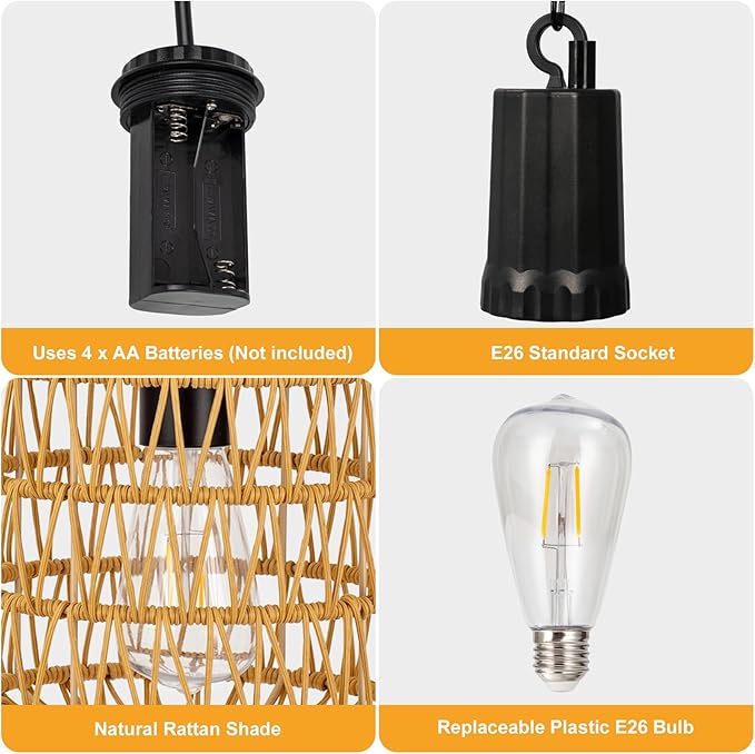 Livinlarge Battery Operated Hanging Pendant Ligh,Battery Outdoor Chandelier,Rattan Light with Warm White Bulb,4*AA Battery Powered for Gazebo Backyard Pergola Porch Patio Outdoor Indoor Decor