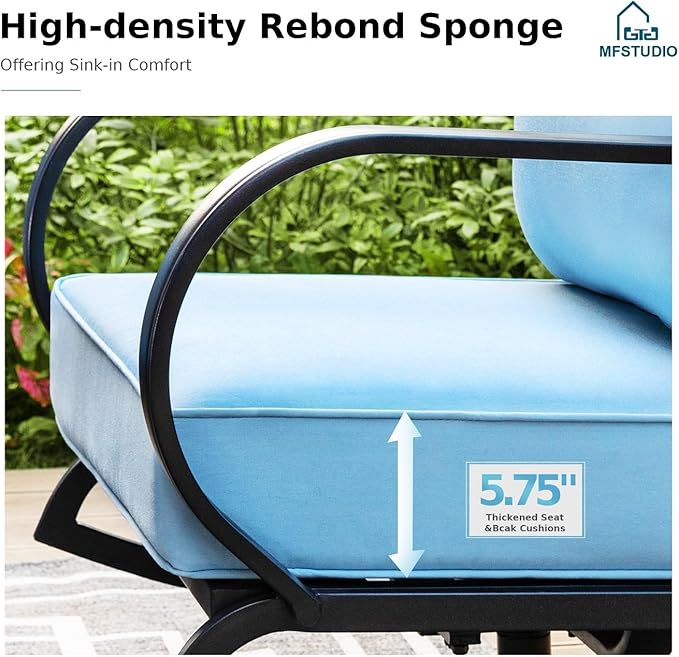 MFSTUDIO 4 Pieces Patio Conversation Sets(5 Seat),Outdoor Metal Furniture Sofas with 1 Loveseat(3 Seat), 2 Single Chairs,1 Coffee Table,Wrought Iron with Blue Cushion for Patio Courtyard Balcony