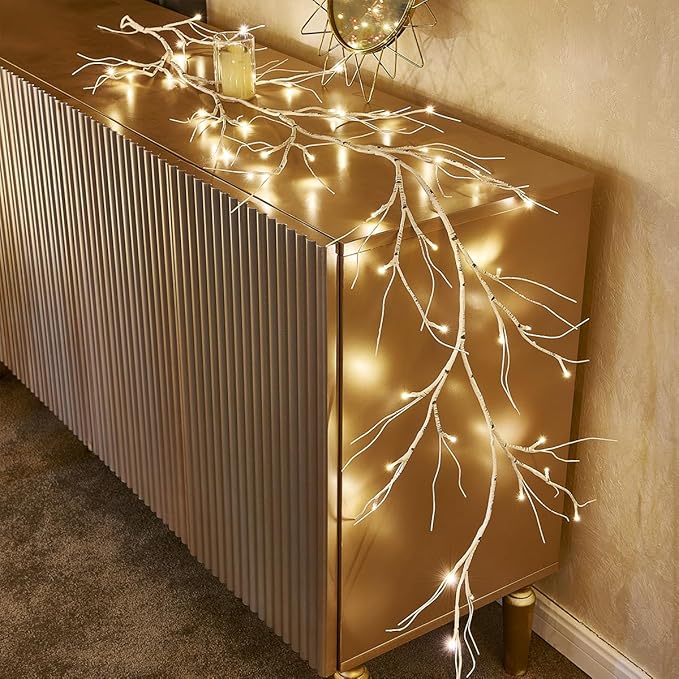 Birchlitland Birch Garland Lights 6FT 48 LED Battery Operated - Lighted Twig Vine with Timer for Christmas Fireplace Decoration Indoor Outdoor Use