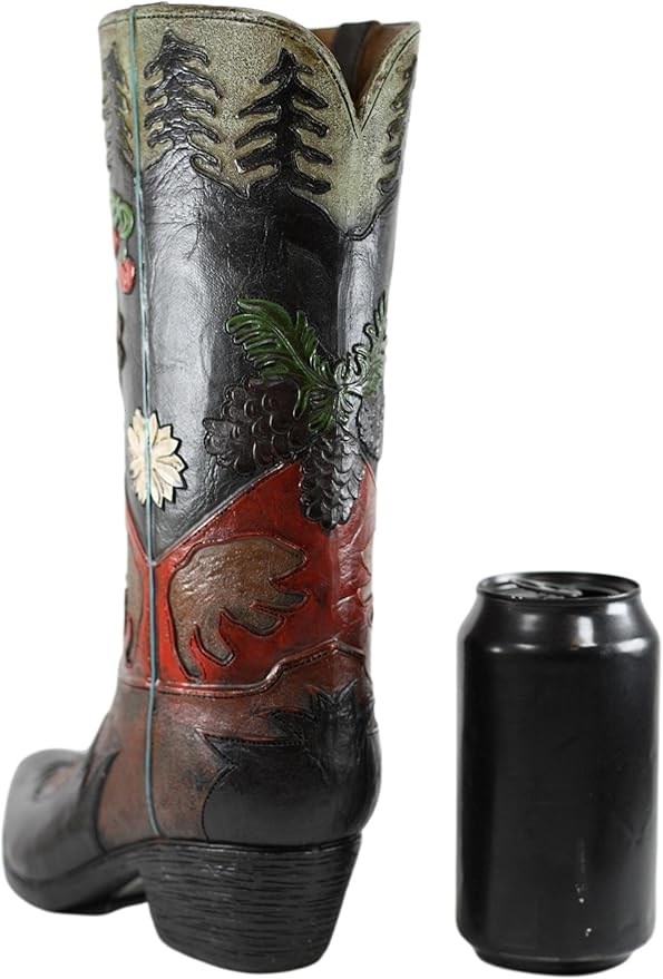 Ebros Rustic Southwestern Black Bear Country with Pine Trees and Cherries Forest Cowboy Cowgirl Boot Decorative Figurine Or Floral Vase Planter Tooled Leather Finish Table Shelf Countertop Accent