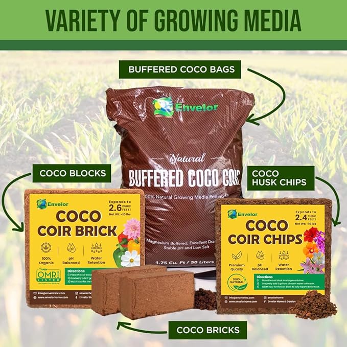 Envelor Organic Coco Coir Brick 10 Lbs. Coir Block Coconut Fiber Growing Medium Potting Soil Mix Coco Peat Media Coir Pith Indoor Outdoor Planters Vegetable Garden Beds