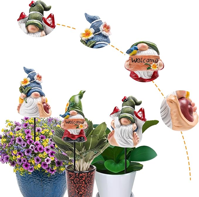 Garden Gnome Statue, Resin Miniature Gnome Set of 3PCS, Figurine with Garden Stakes for Lawn Patio Yard Outdoor Home Decor