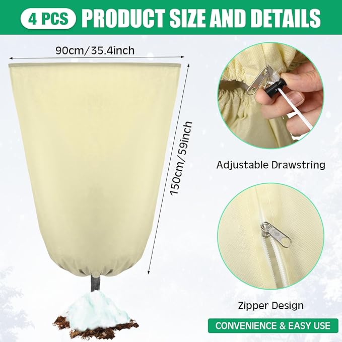 Vincreem 4 Pcs Plant Covers Freeze Protection 35.4" x 59" Winter Frost Blankets for Outdoor Plants with Zipper Drawstring Frost Cloth Freeze Covers Warm Shrub Jacket for Fruit Tree Potted(Beige)