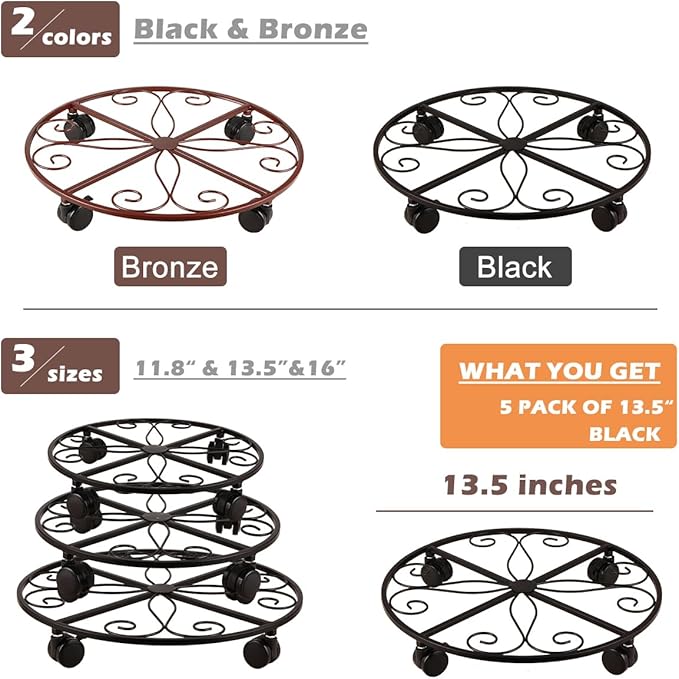 5 Pack Plant Caddy with Wheels Heavy Duty 13.5 Inch Metal Plant Stand on Wheels Plant dolly Rolling Stand Plant Roller with Casters for Indoor and Outdoor with 5 Pack Plastic Saucers, Black