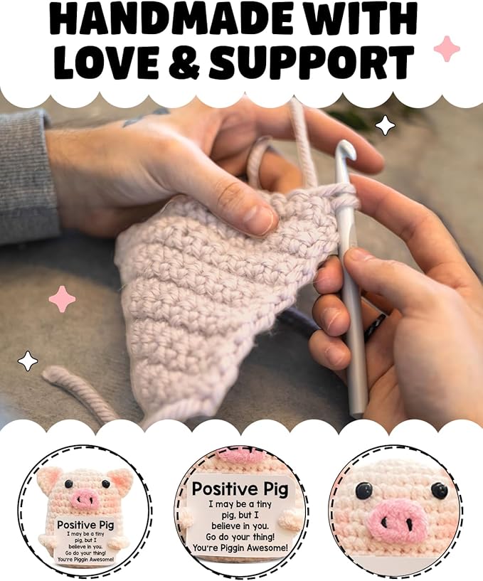 WEZADUK Funny Positive Crochet Pig Gifts for Women Friends, Pink Handmade Emotional Support Plush Pig Decor, Cute Mothers Day Birthday Gifts