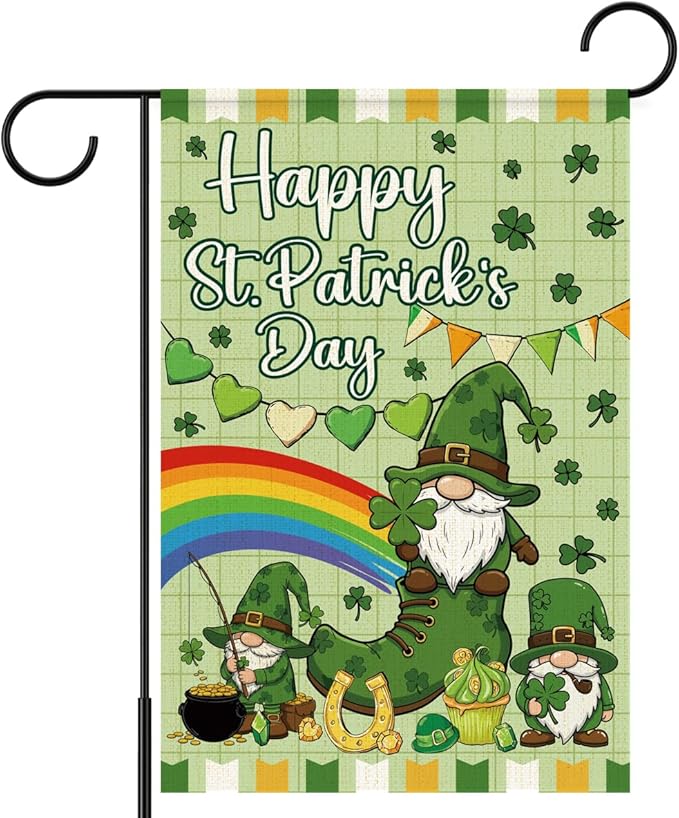 Happy St Patricks Day Garden Flag 12x18 Inch Double Sided,Gnome Lucky Shamrocks Outdoor Irish Decor House Porch Flag for St Patrick's Day Party and Yard Decorations