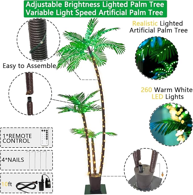 SOSHOT 6FT Lighted Artificial Palm Tree with Three Trunks and Upgraded 260 LED Lights - Outdoor/Indoor Use, Perfect for Tiki Bars, Patios, Homes, Offices, Beaches, Yards Pool and Cruise Party