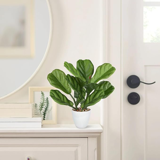 GnFlus Fake Plant Artificial Fiddle Leaf Fig Plant in White Pot for Indoor Outdoor Farmhouse Living Room Shelf Home Office Decor