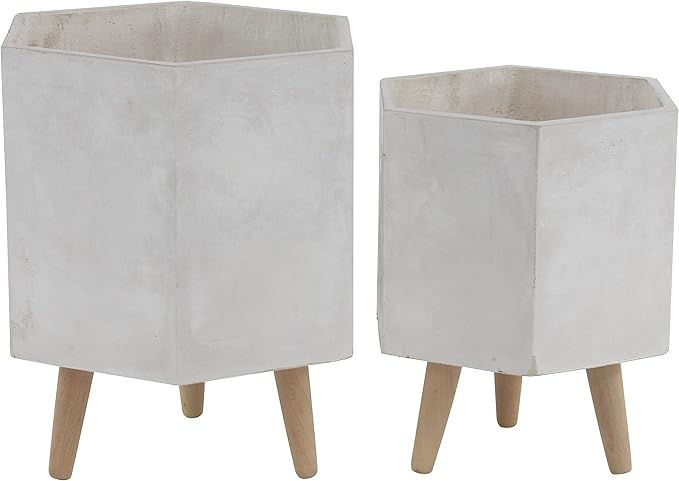 CosmoLiving by Cosmopolitan Magnesium Oxide Geometric Indoor Outdoor Planter Hexagon Large Planter Pot with Brown Wooden Legs, Set of 2 Planters 15", 17"H, White