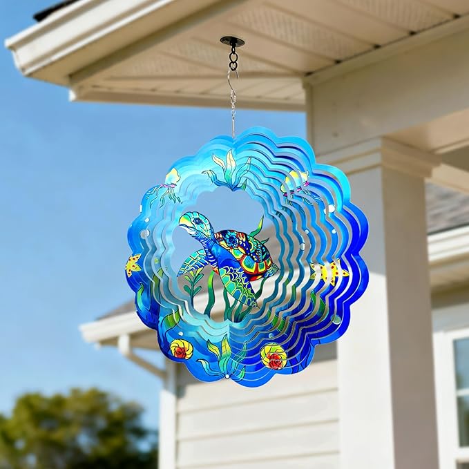 Sea Turtle Wind Spinners Outdoor, Sea Turtle Gifts for Women Mom Grandma Men,12inch 3D Hanging Metal Wind Sculpture for Outside Decor, Birthday for Garden Ornament Decoration