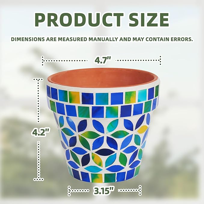 VOREEN Handmade Decorative Mosaic Plant Pot, Small Terracotta Planter with Glass Mosaic Exterior & Drainage Plug, Indoor & Covered Outdoor Accent Flower Pot for Home Décor, Desk, Shelf & Windowsill