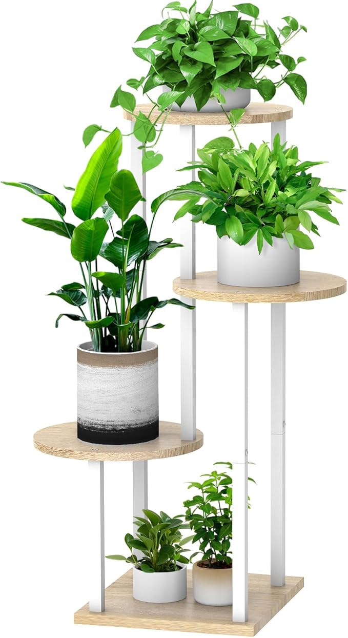 YOCOMEY Plant Stand Indoor, 4 Tier Thickened Metal Corner Plant Shelf for Multiple Plants, Indoor Plants Tiered Flower Pot Stand for Patio Garden Balcony Living Room Bedroom (White Oak)