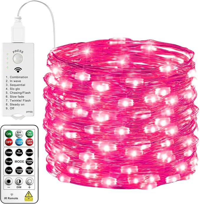HXWEIYE Rechargeable Fairy Lights with Remote & DIY Timer, 33ft 100LED Battery Operated Twinkle String Lights, 8 Modes Decor Light for Bedroom Indoor Wedding Dorm Christmas Tree Party (Pink)